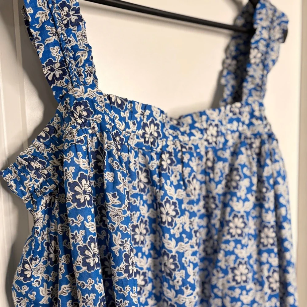 J. Crew Cotton Voile Ruffle Trim Shift Dress Blue Floral Pockets 3XL Cottagecore